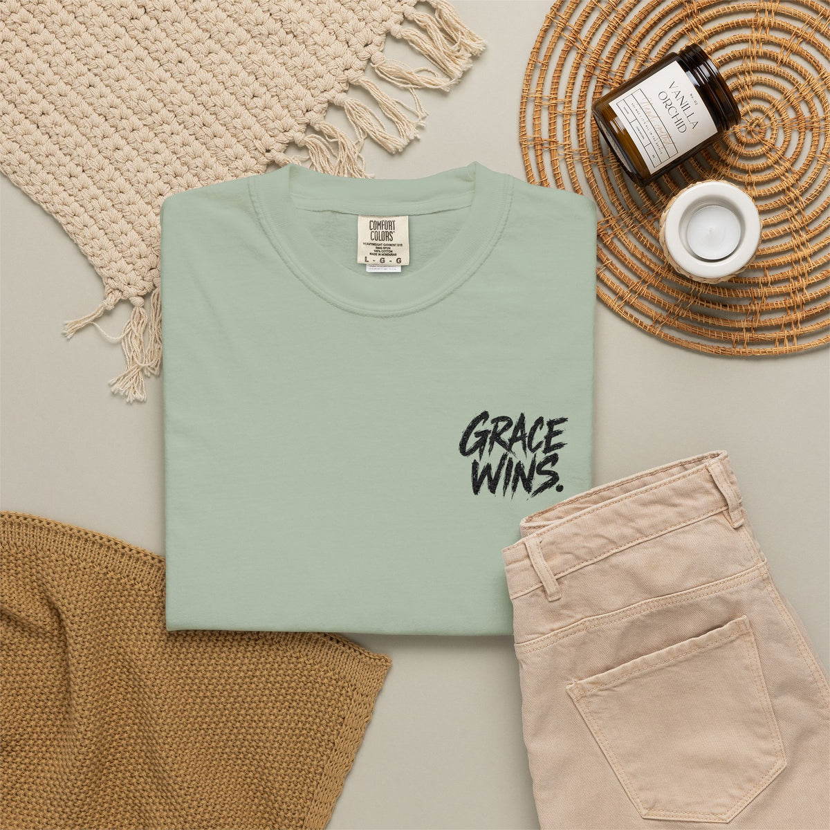 Grace Wins T-Shirt — Inspirational Script Chest Tee