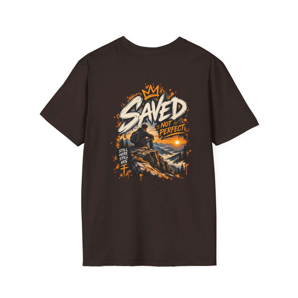 Christian T-Shirt — "Saved Not Perfect" Mountain Cross Design