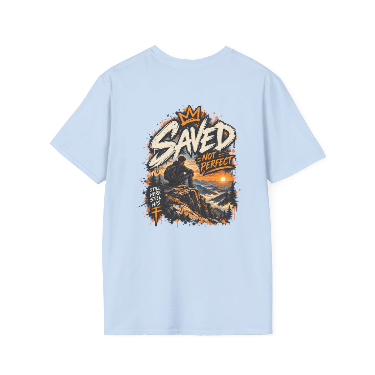 Christian T-Shirt — "Saved Not Perfect" Mountain Cross Design