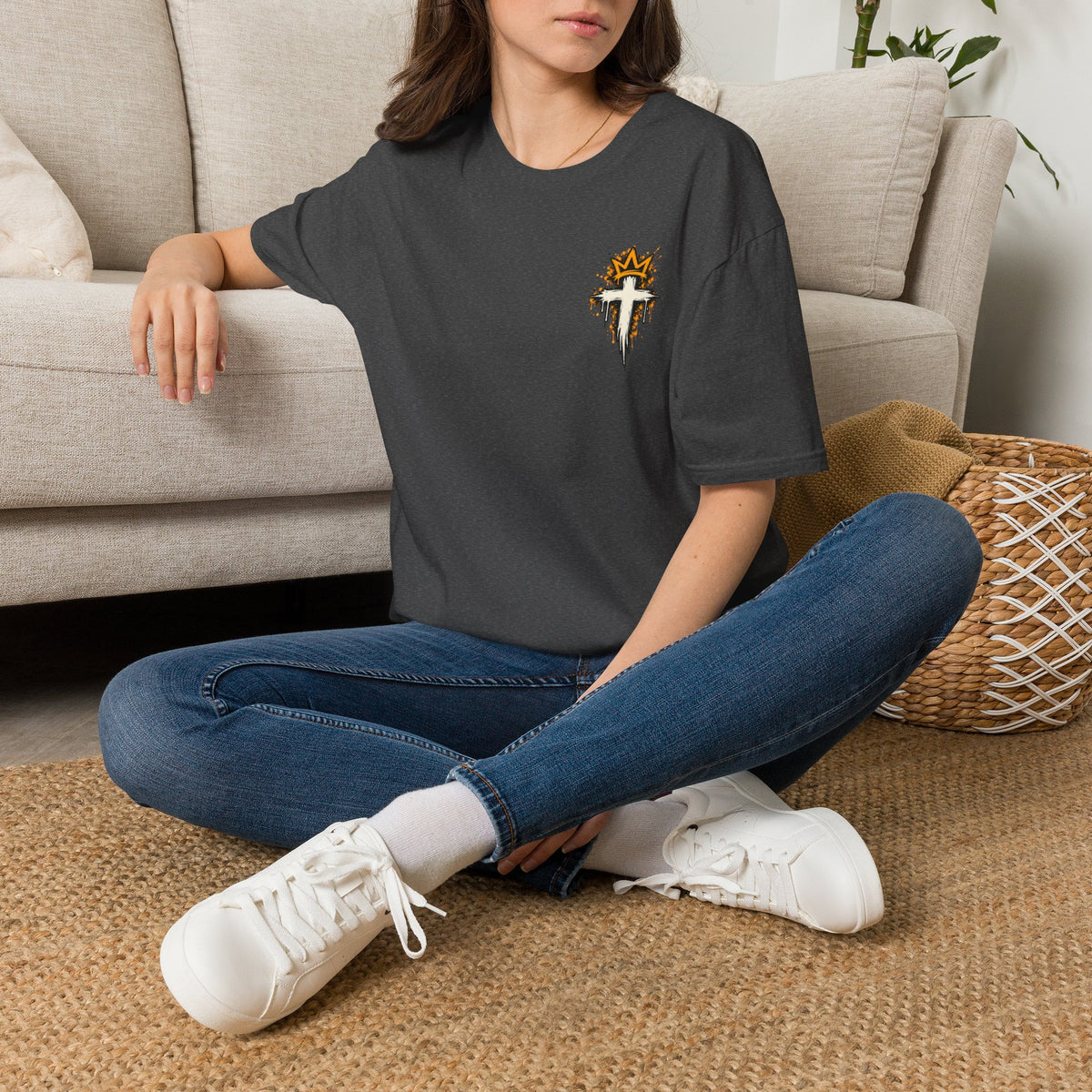 Christian T-Shirt — "Saved Not Perfect" Mountain Cross Design