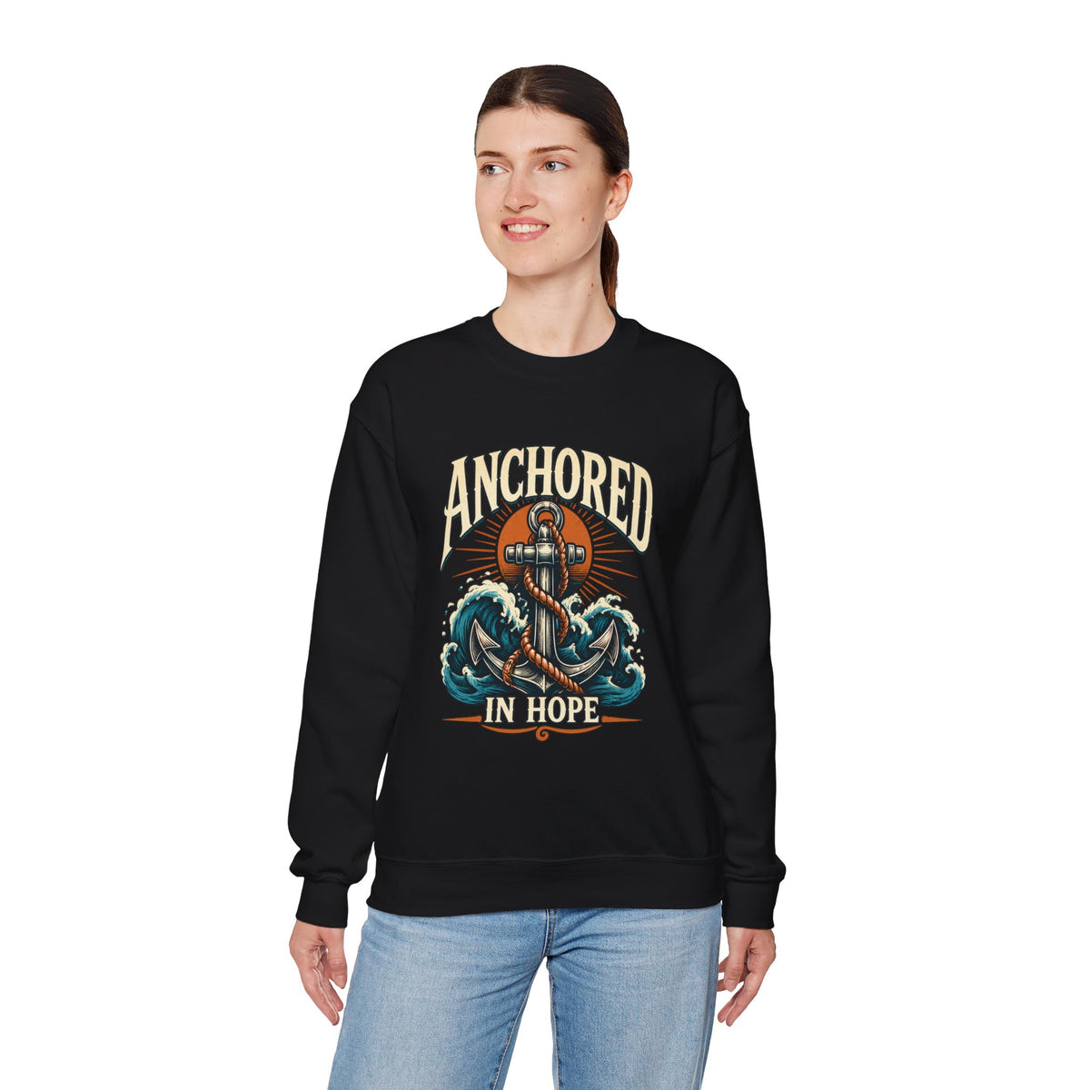 Anchored in Hope Crewneck Sweatshirt — Nautical Anchor Christian Faith Design