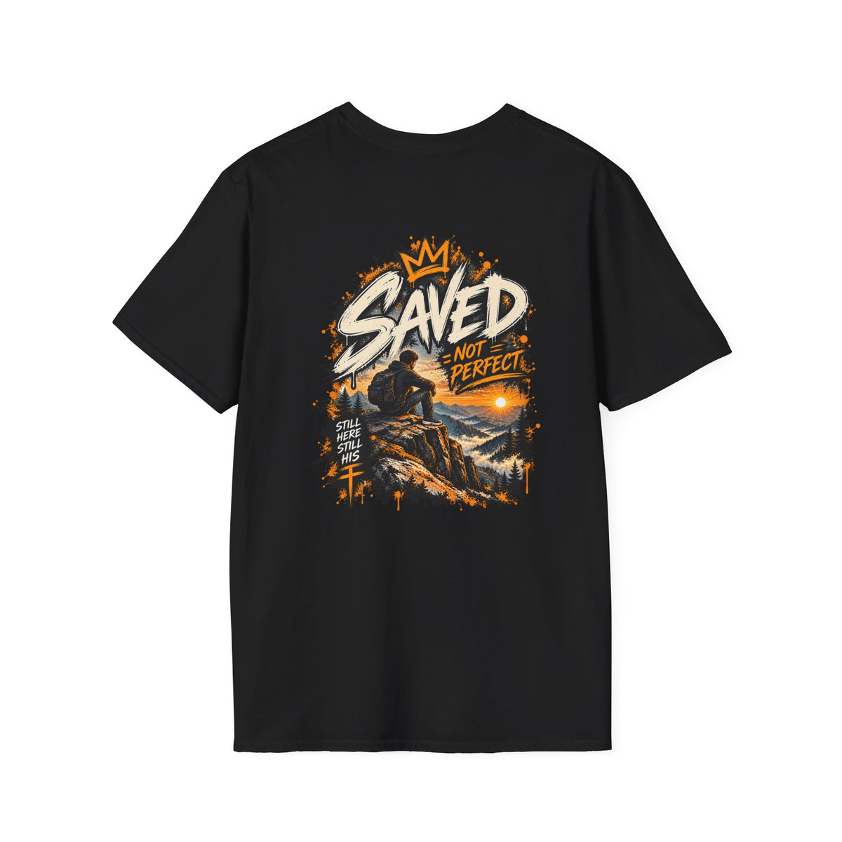 Christian T-Shirt — "Saved Not Perfect" Mountain Cross Design