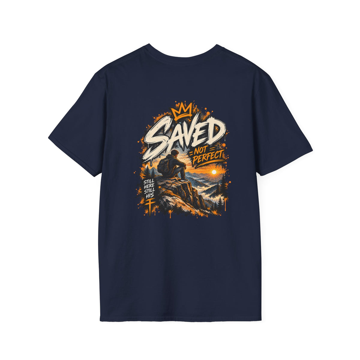 Christian T-Shirt — "Saved Not Perfect" Mountain Cross Design