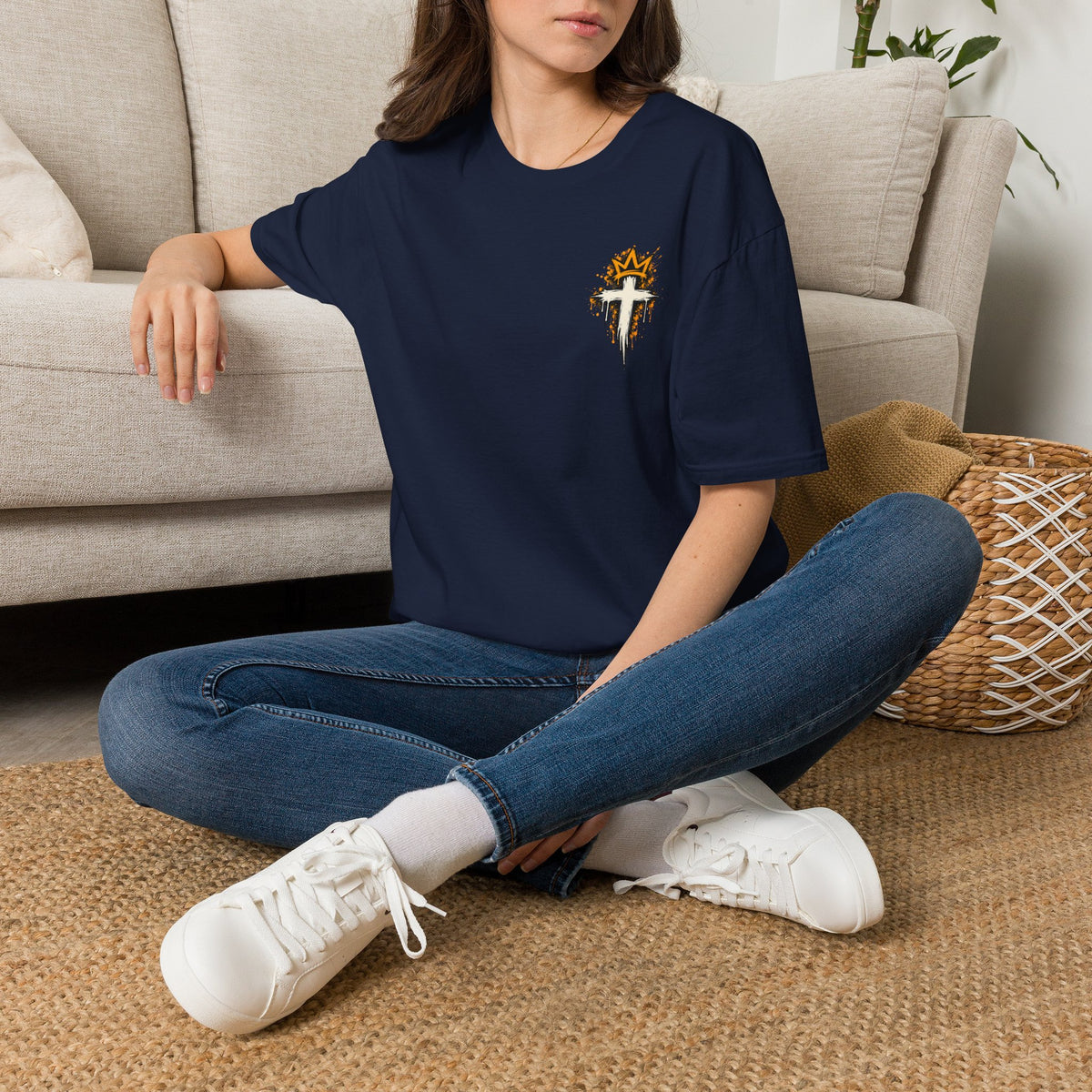 Christian T-Shirt — "Saved Not Perfect" Mountain Cross Design