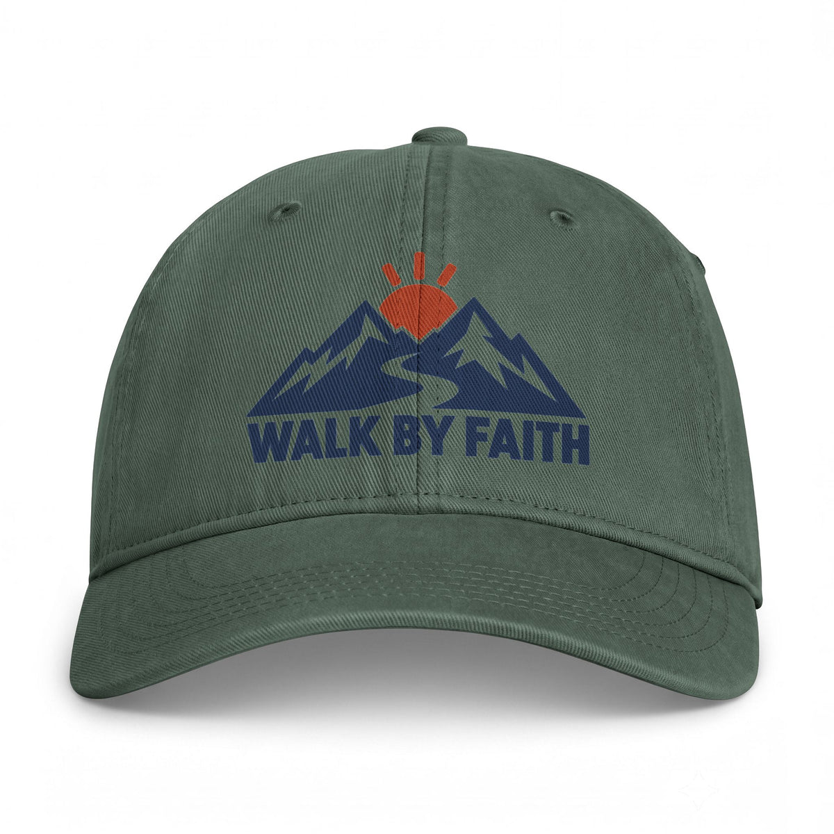 Walk By Faith Dad Hat — Vintage Mountain Sunset Embroidered Cap