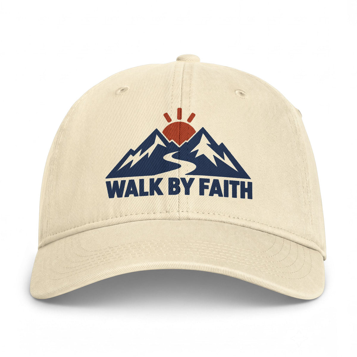 Walk By Faith Dad Hat — Vintage Mountain Sunset Embroidered Cap