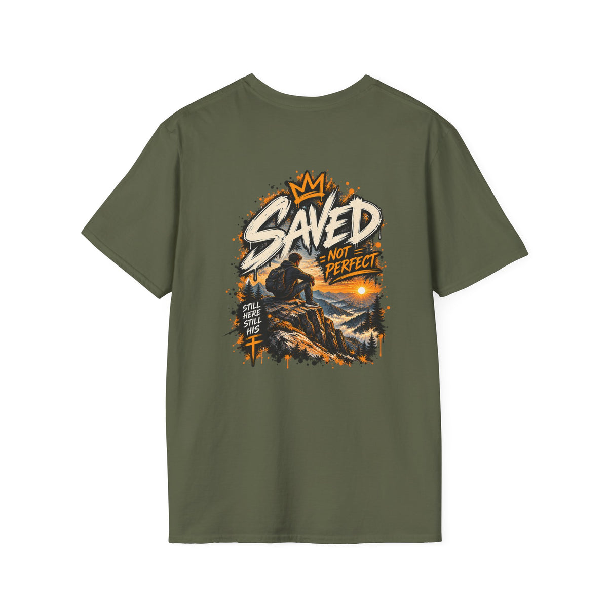 Christian T-Shirt — "Saved Not Perfect" Mountain Cross Design
