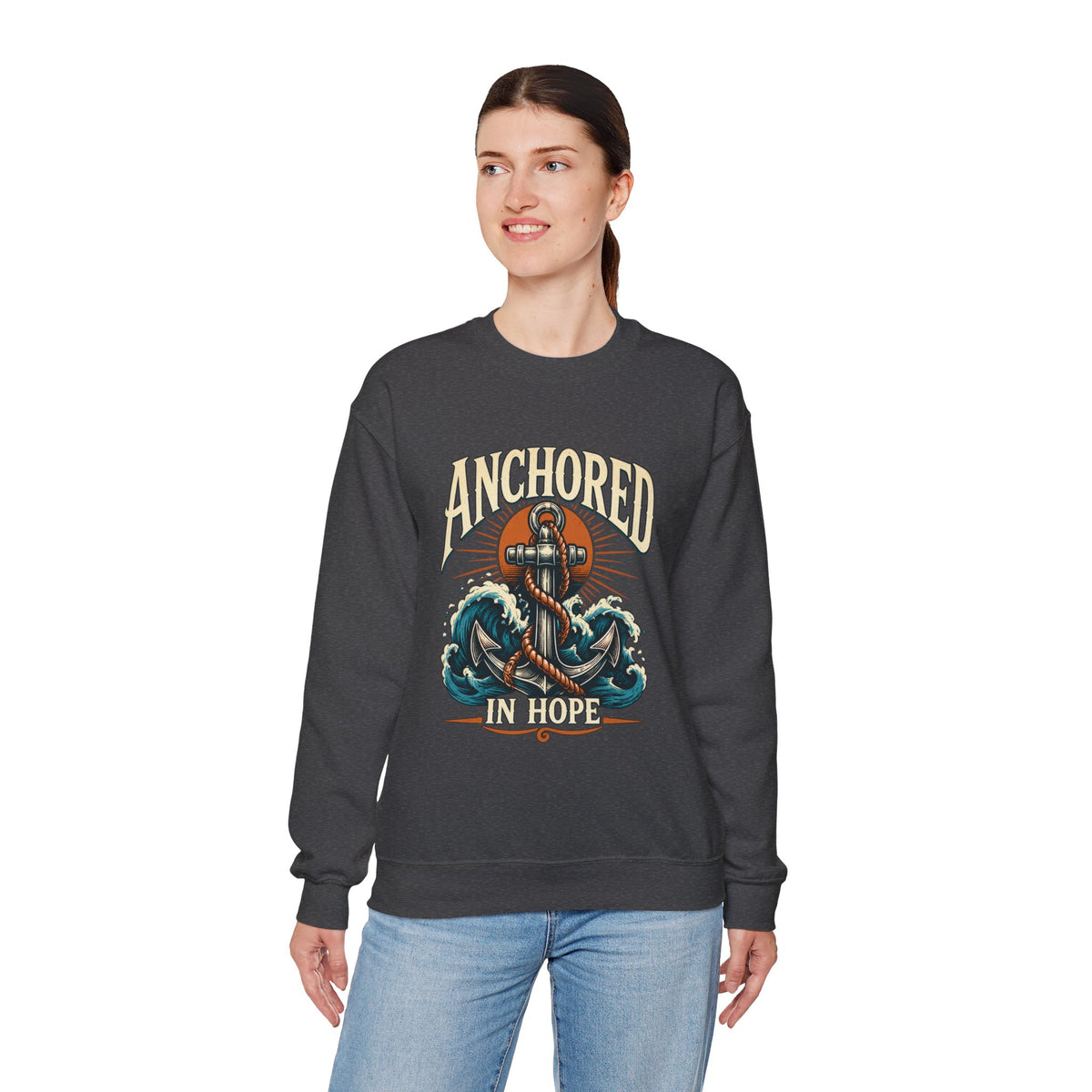Anchored in Hope Crewneck Sweatshirt — Nautical Anchor Christian Faith Design
