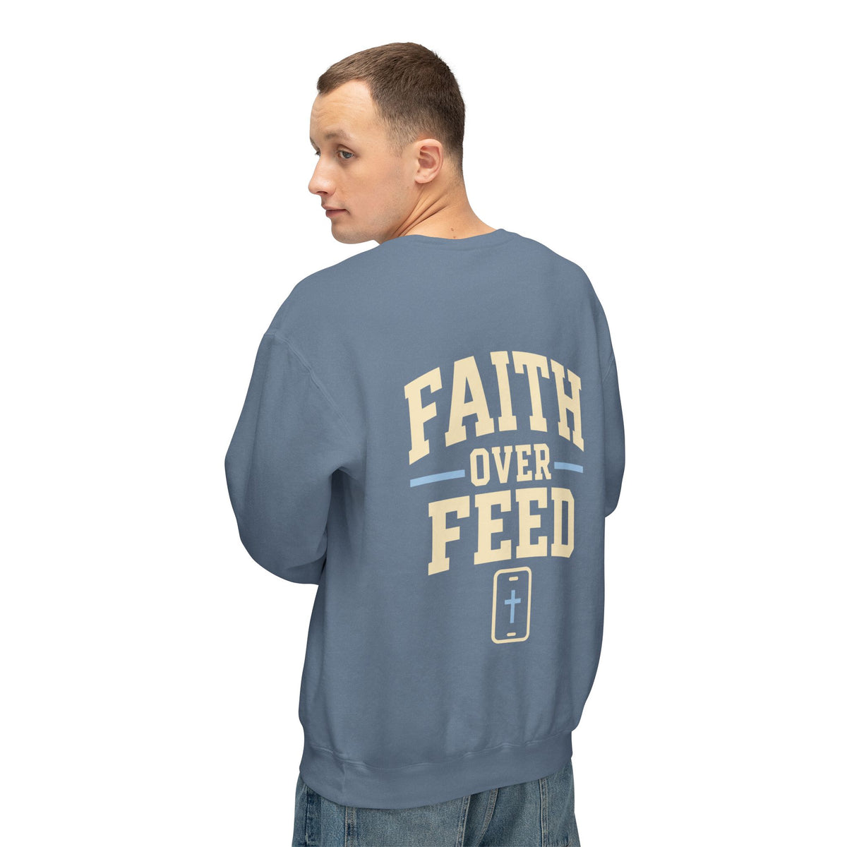 Faith Over Feed Crewneck Sweatshirt — "Stay Connected" Christian Graphic Crew