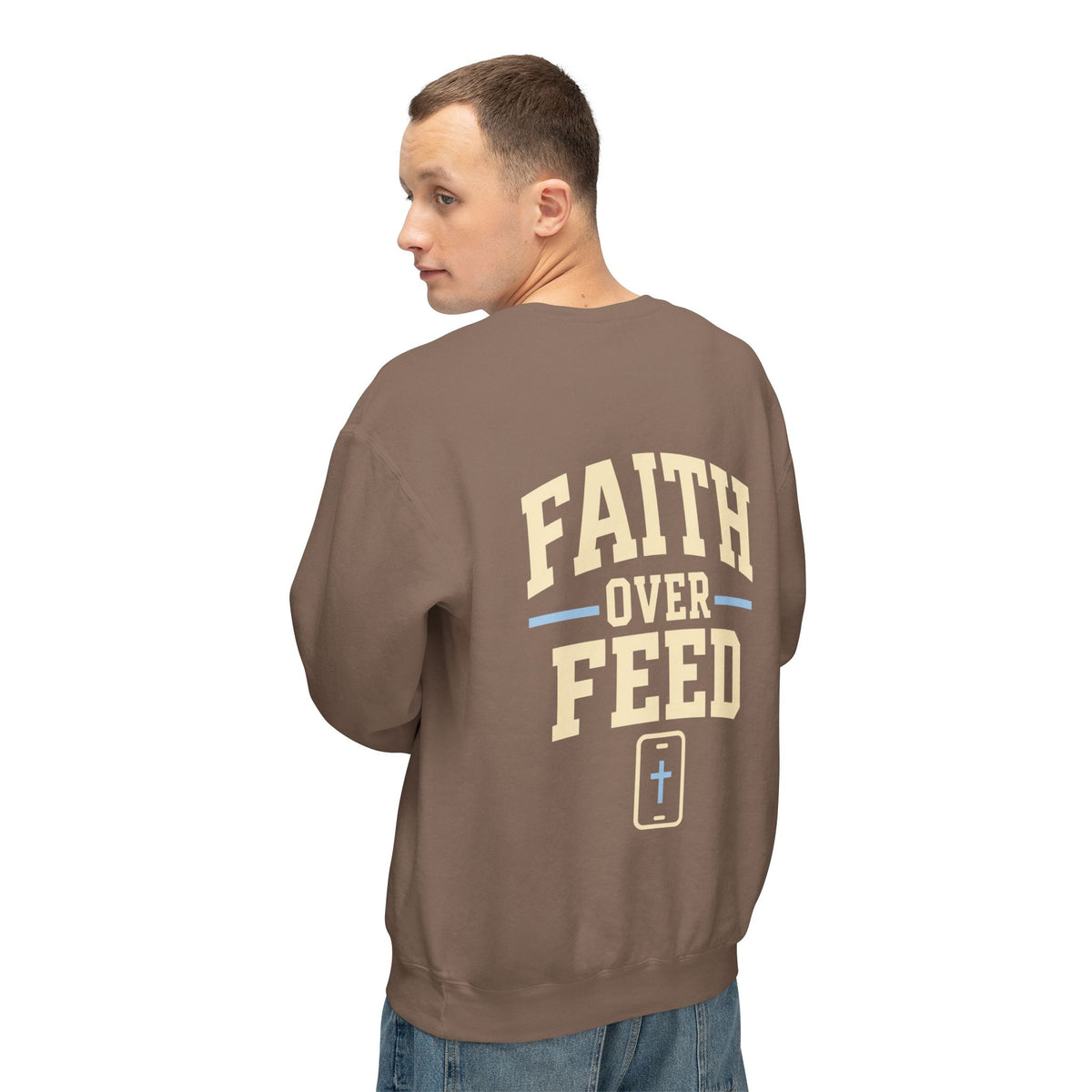 Faith Over Feed Crewneck Sweatshirt — "Stay Connected" Christian Graphic Crew