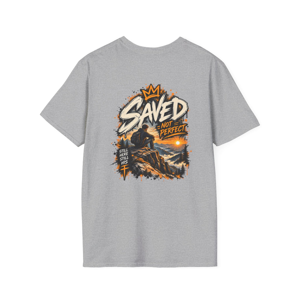Christian T-Shirt — "Saved Not Perfect" Mountain Cross Design
