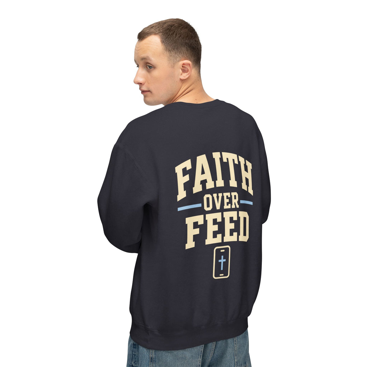 Faith Over Feed Crewneck Sweatshirt — "Stay Connected" Christian Graphic Crew
