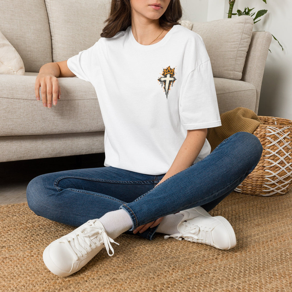 Christian T-Shirt — "Saved Not Perfect" Mountain Cross Design