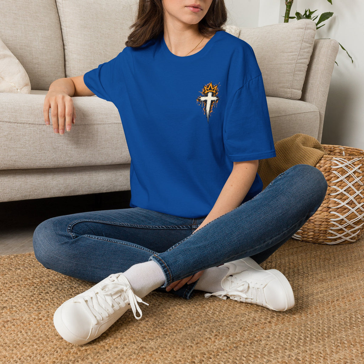 Christian T-Shirt — "Saved Not Perfect" Mountain Cross Design