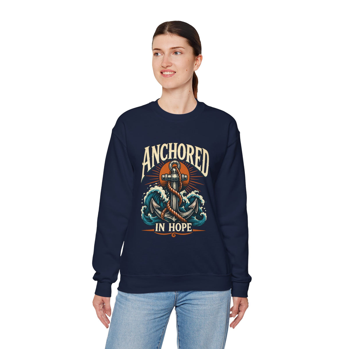 Anchored in Hope Crewneck Sweatshirt — Nautical Anchor Christian Faith Design