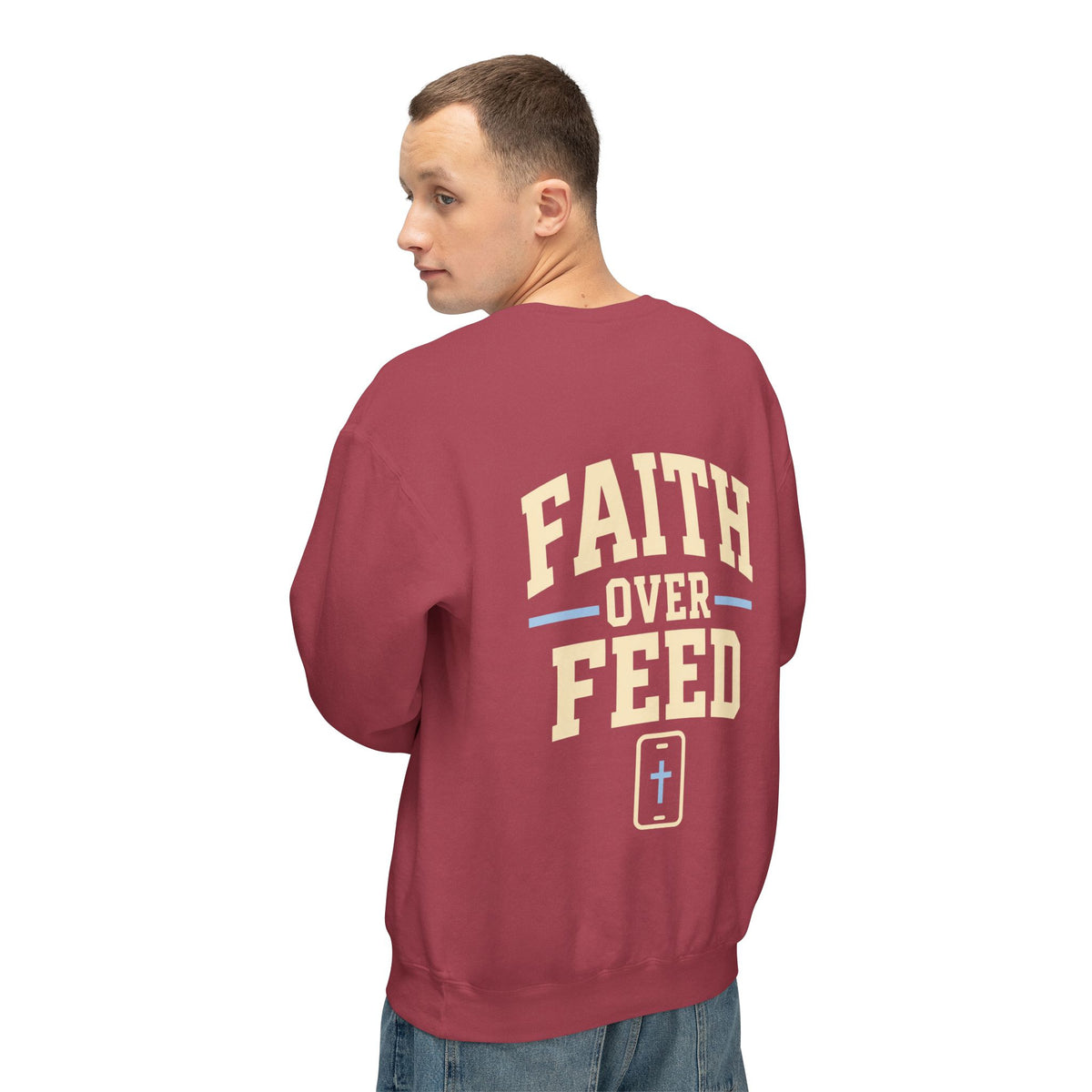 Faith Over Feed Crewneck Sweatshirt — "Stay Connected" Christian Graphic Crew