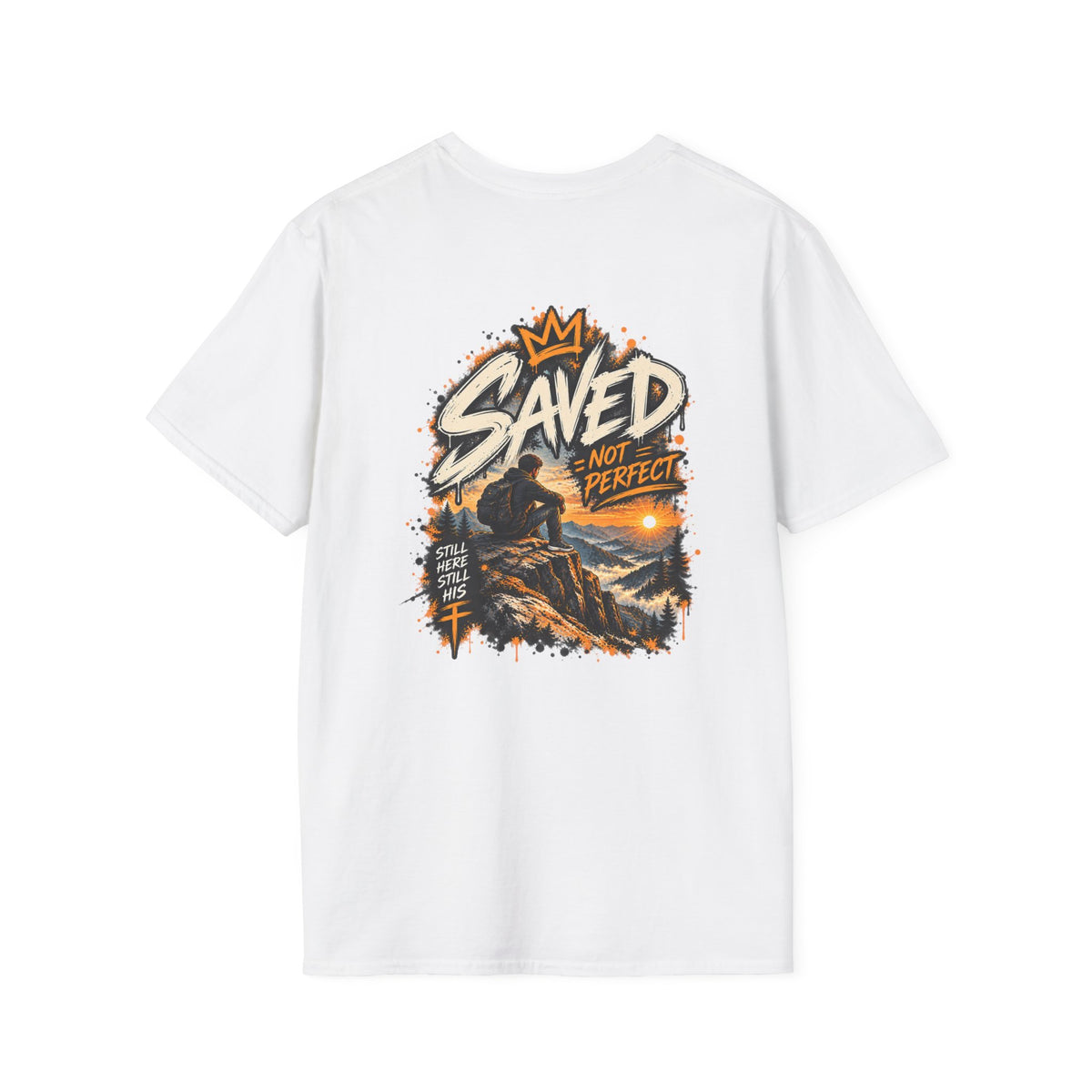 Christian T-Shirt — "Saved Not Perfect" Mountain Cross Design