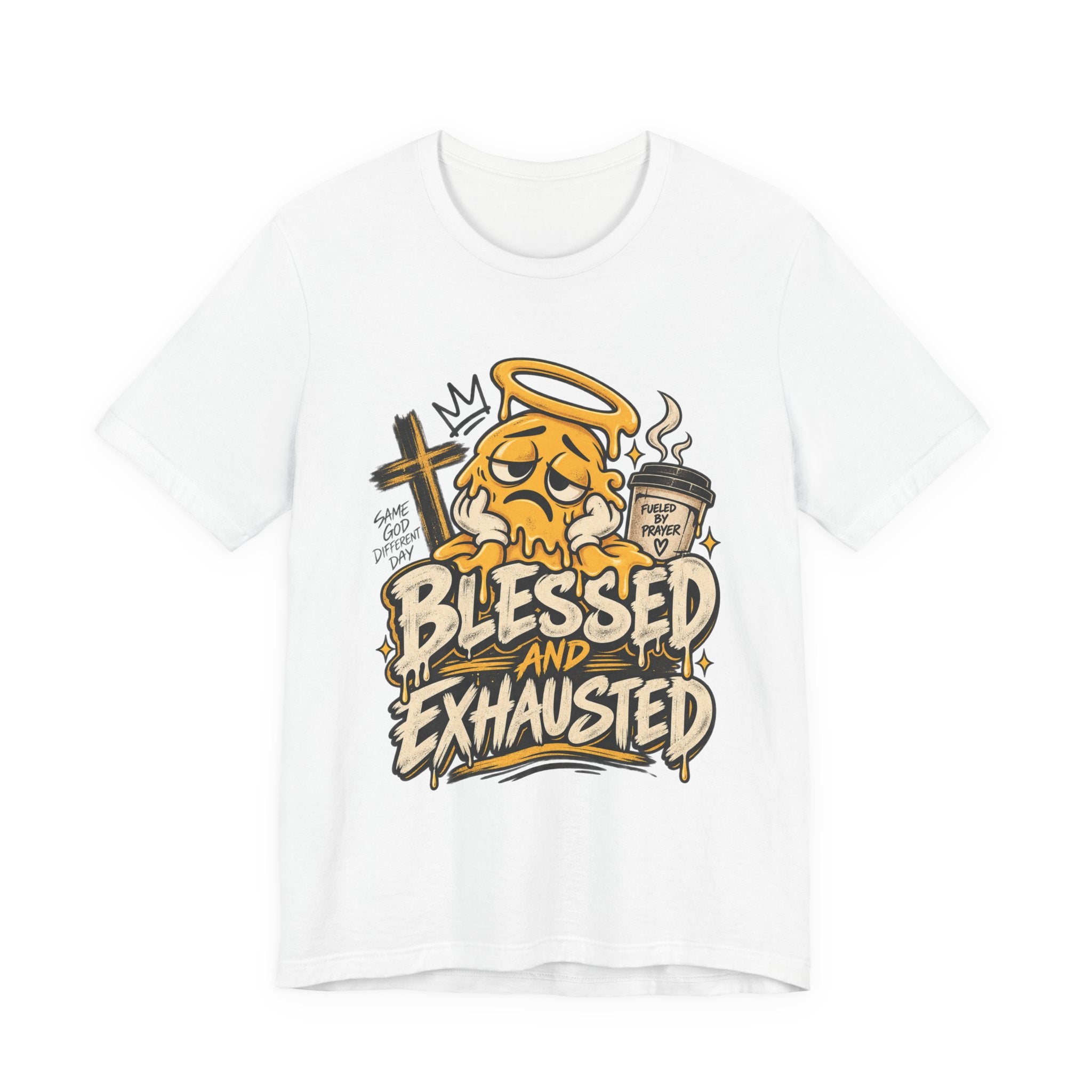 Blessed and Exhausted T-Shirt — Funny Christian Graphic Tee with Coffee & Cross