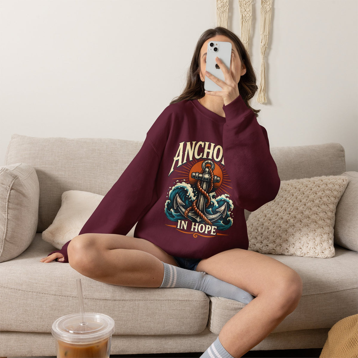 Anchored in Hope Crewneck Sweatshirt — Nautical Anchor Christian Faith Design