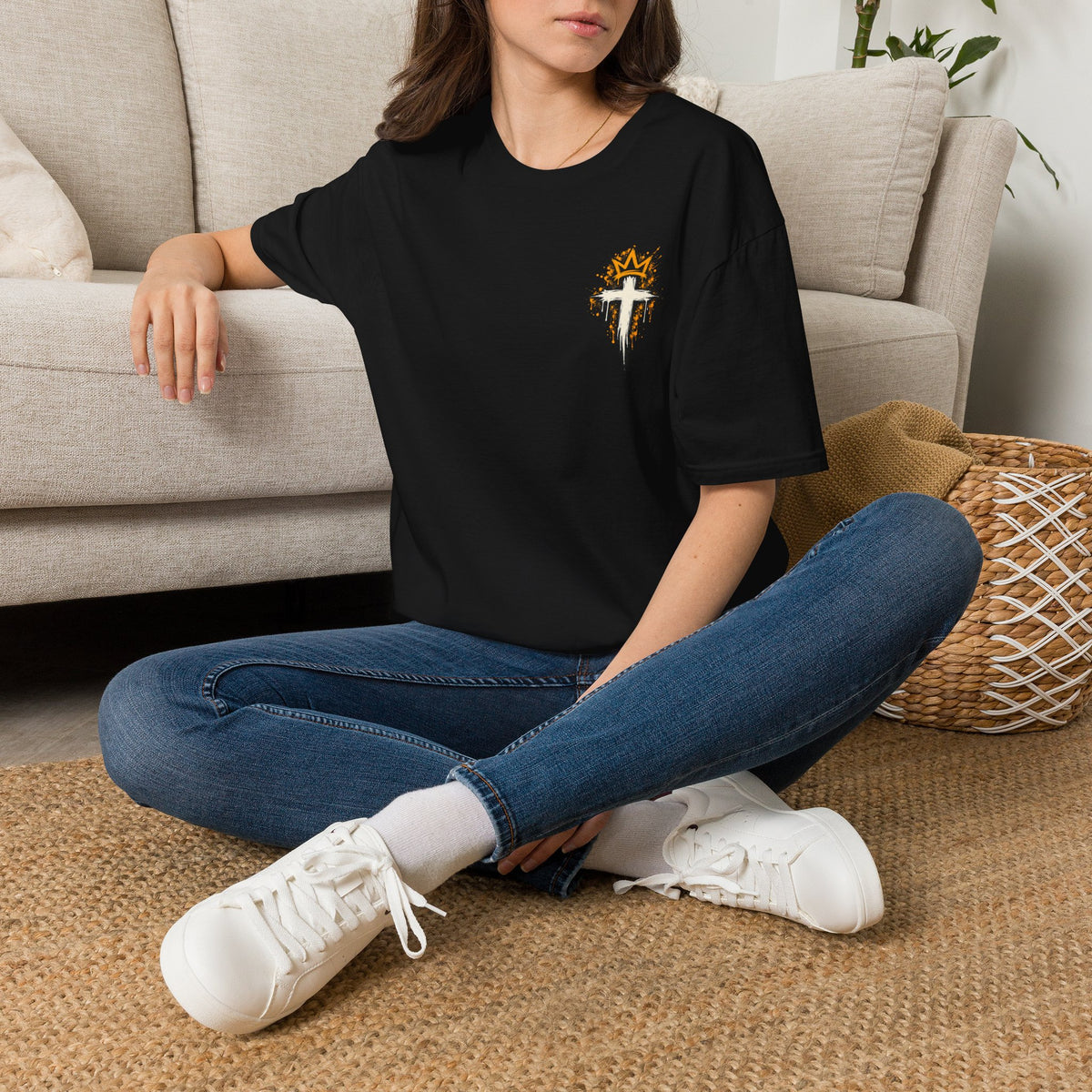 Christian T-Shirt — "Saved Not Perfect" Mountain Cross Design