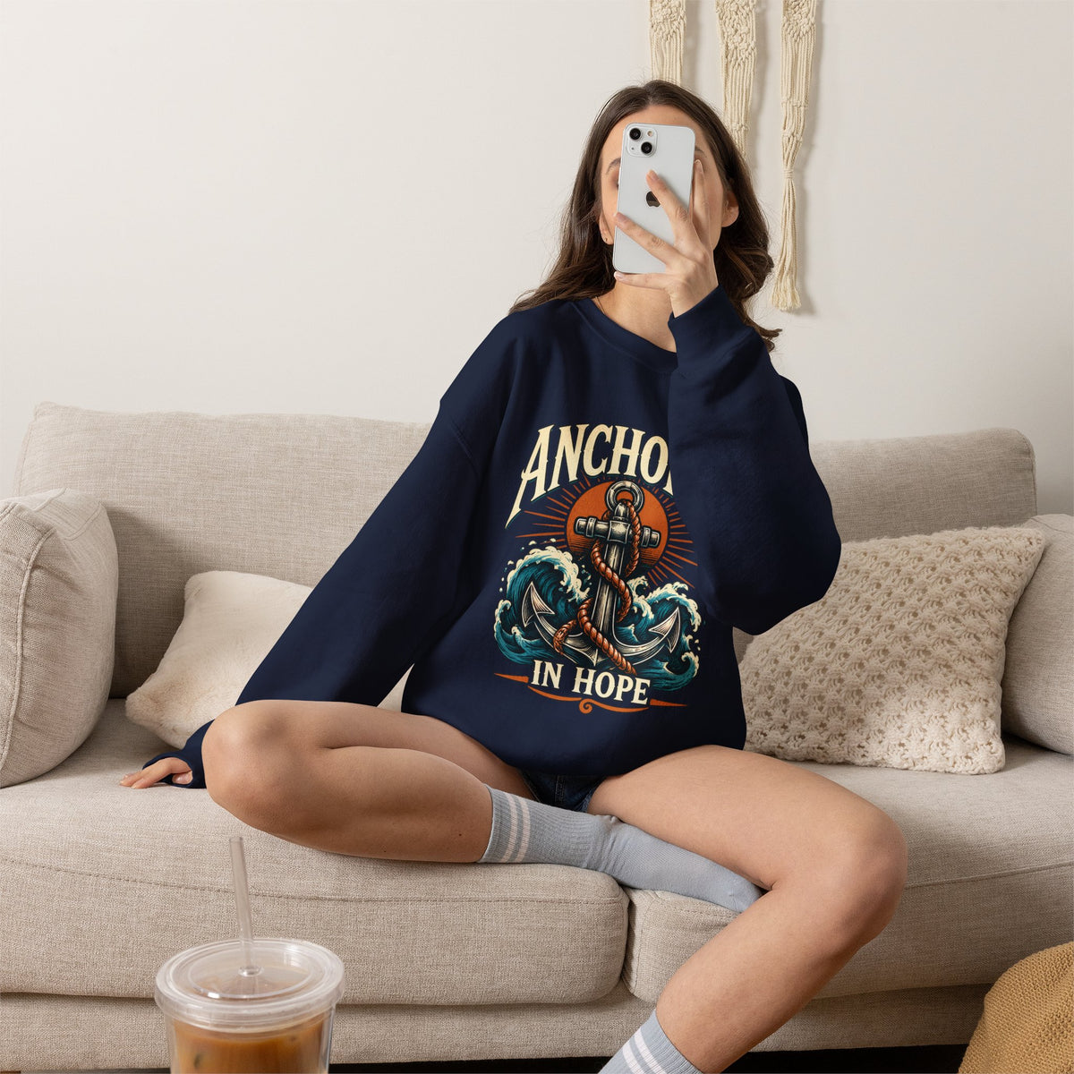 Anchored in Hope Crewneck Sweatshirt — Nautical Anchor Christian Faith Design