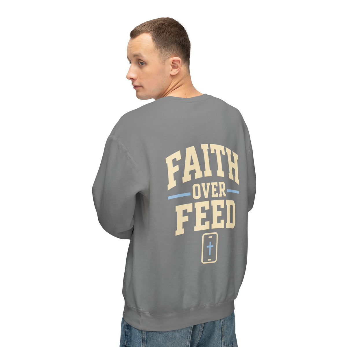 Faith Over Feed Crewneck Sweatshirt — "Stay Connected" Christian Graphic Crew