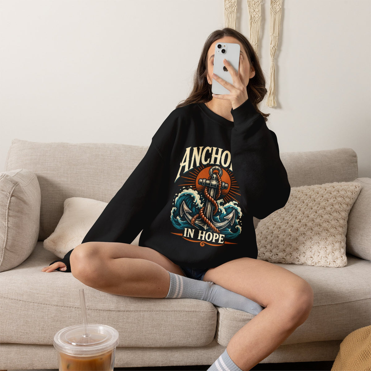 Anchored in Hope Crewneck Sweatshirt — Nautical Anchor Christian Faith Design