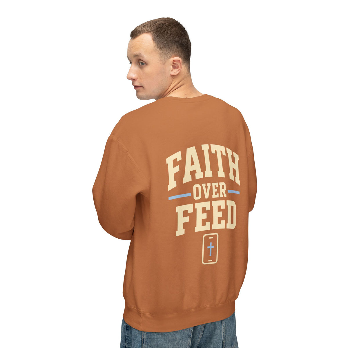 Faith Over Feed Crewneck Sweatshirt — "Stay Connected" Christian Graphic Crew