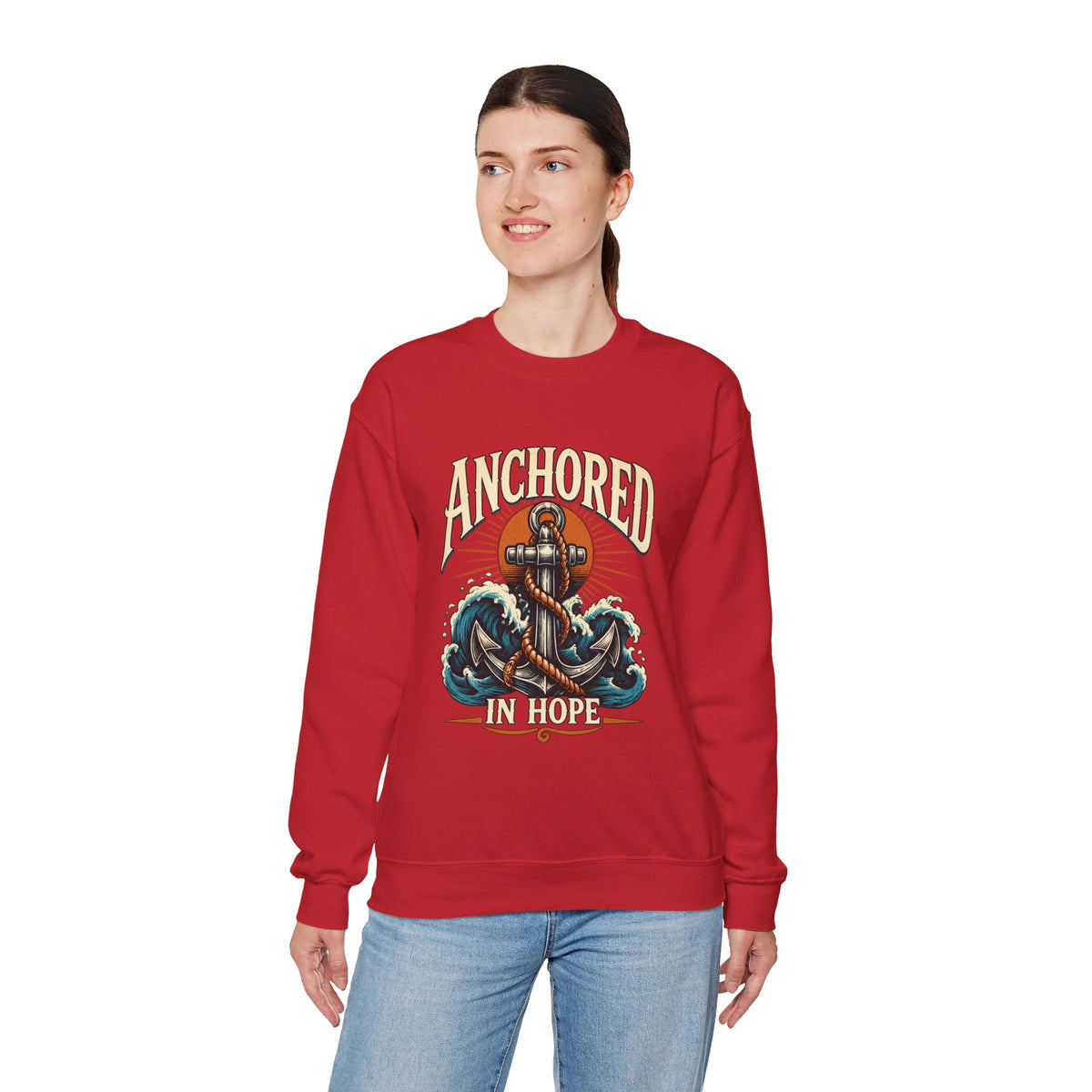 Anchored in Hope Crewneck Sweatshirt — Nautical Anchor Christian Faith Design