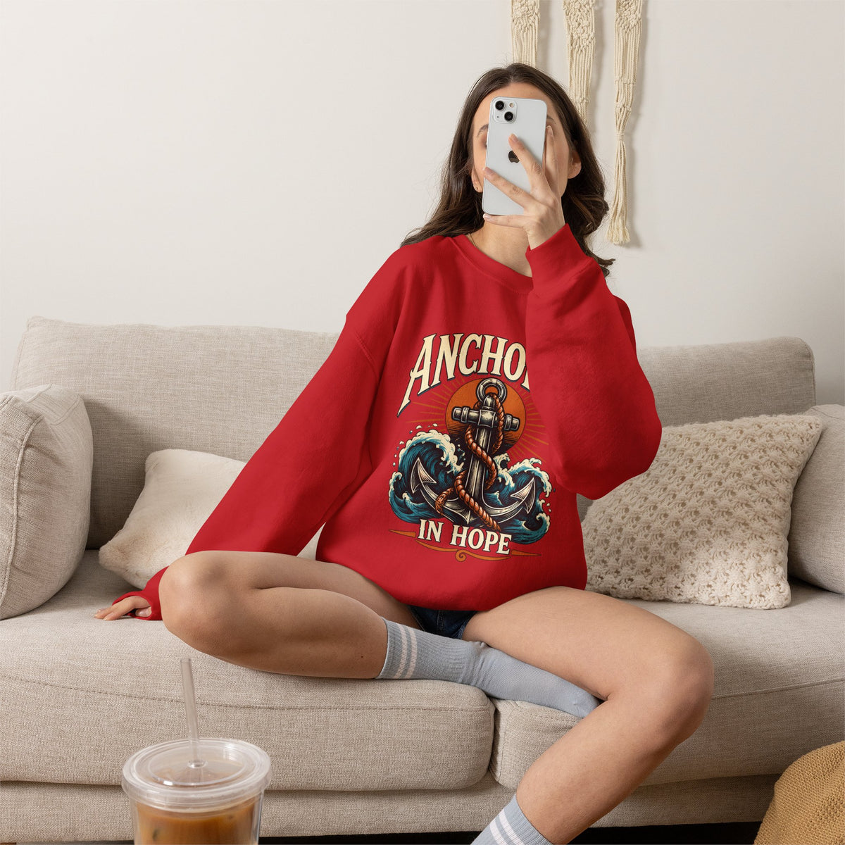 Anchored in Hope Crewneck Sweatshirt — Nautical Anchor Christian Faith Design