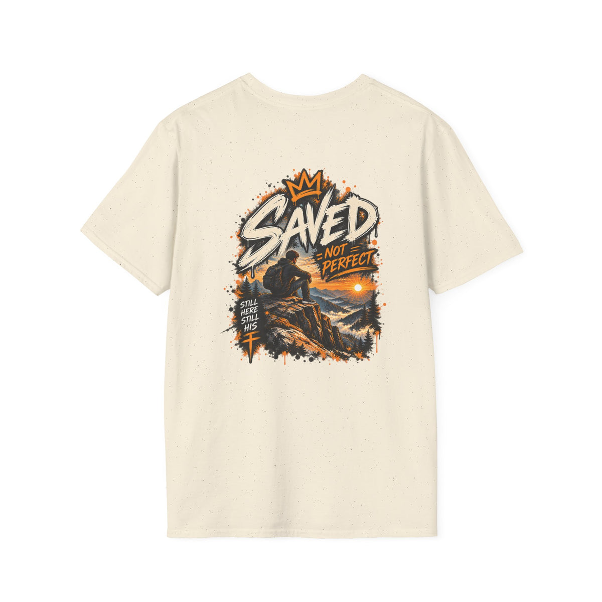 Christian T-Shirt — "Saved Not Perfect" Mountain Cross Design