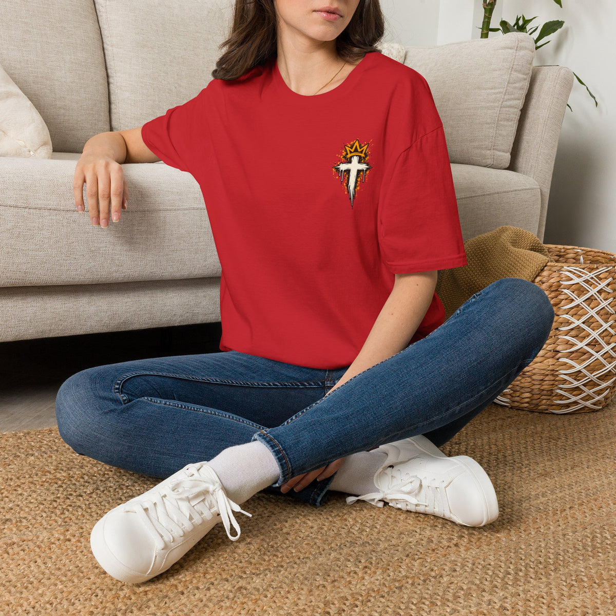 Christian T-Shirt — "Saved Not Perfect" Mountain Cross Design