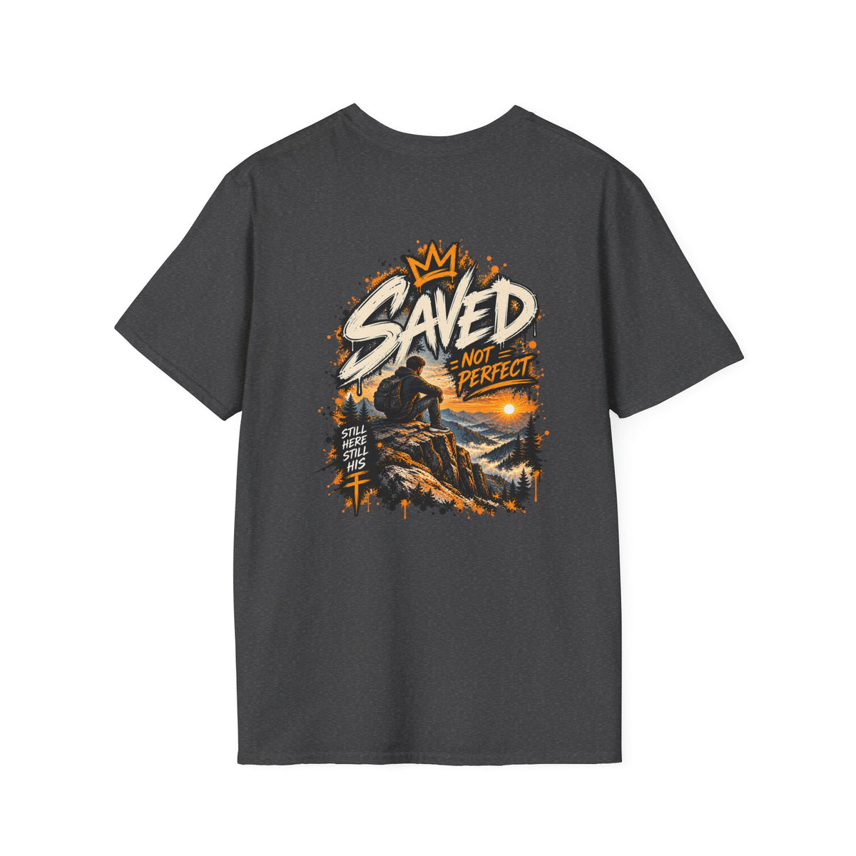 Christian T-Shirt — "Saved Not Perfect" Mountain Cross Design