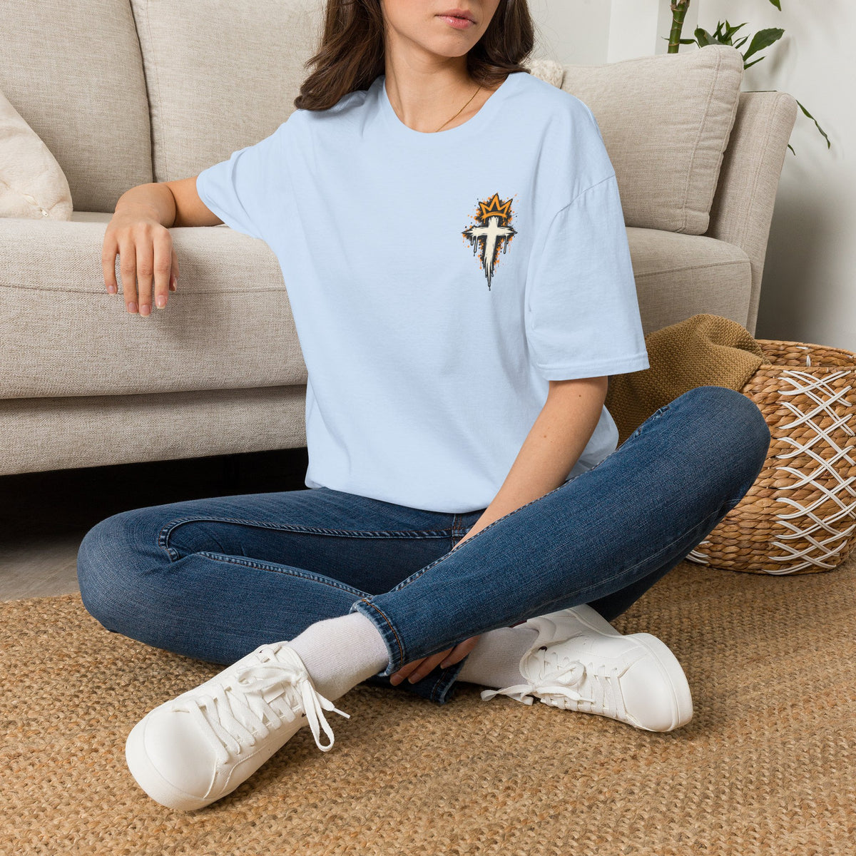 Christian T-Shirt — "Saved Not Perfect" Mountain Cross Design