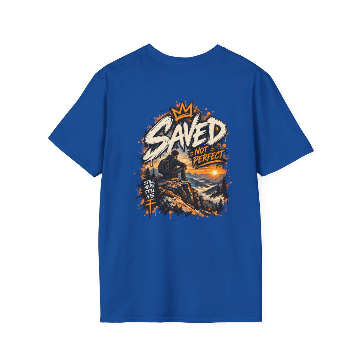 Christian T-Shirt — "Saved Not Perfect" Mountain Cross Design