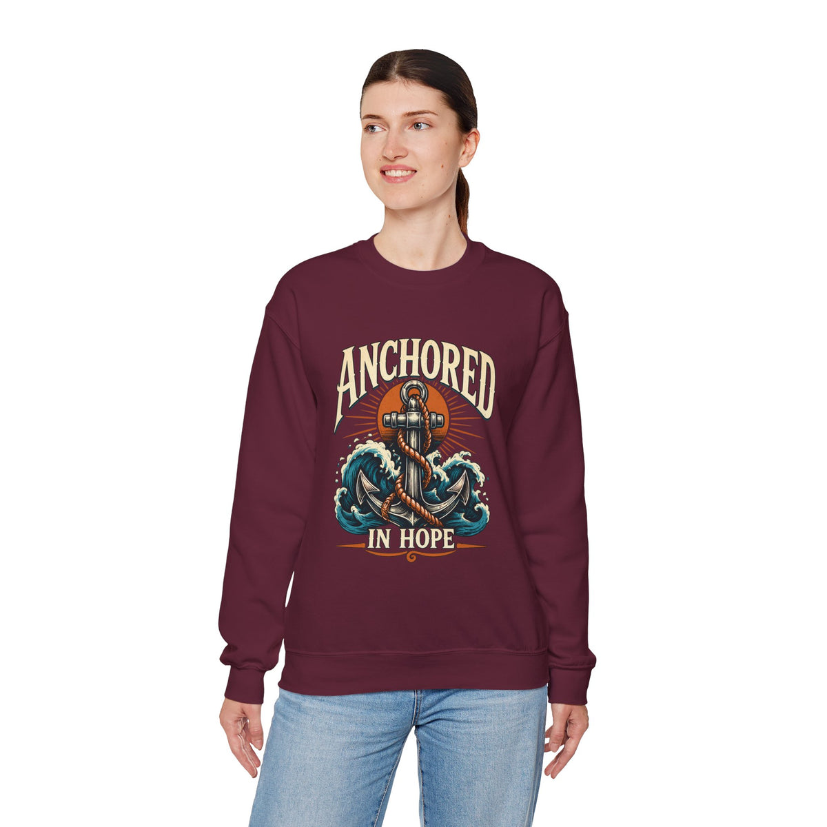 Anchored in Hope Crewneck Sweatshirt — Nautical Anchor Christian Faith Design