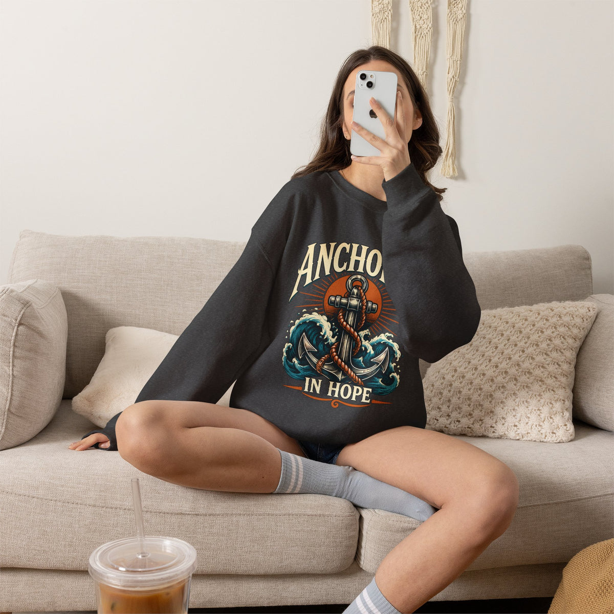 Anchored in Hope Crewneck Sweatshirt — Nautical Anchor Christian Faith Design