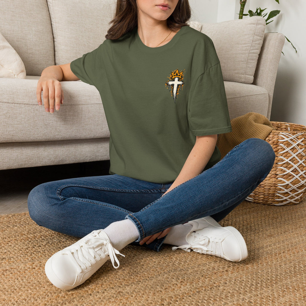 Christian T-Shirt — "Saved Not Perfect" Mountain Cross Design