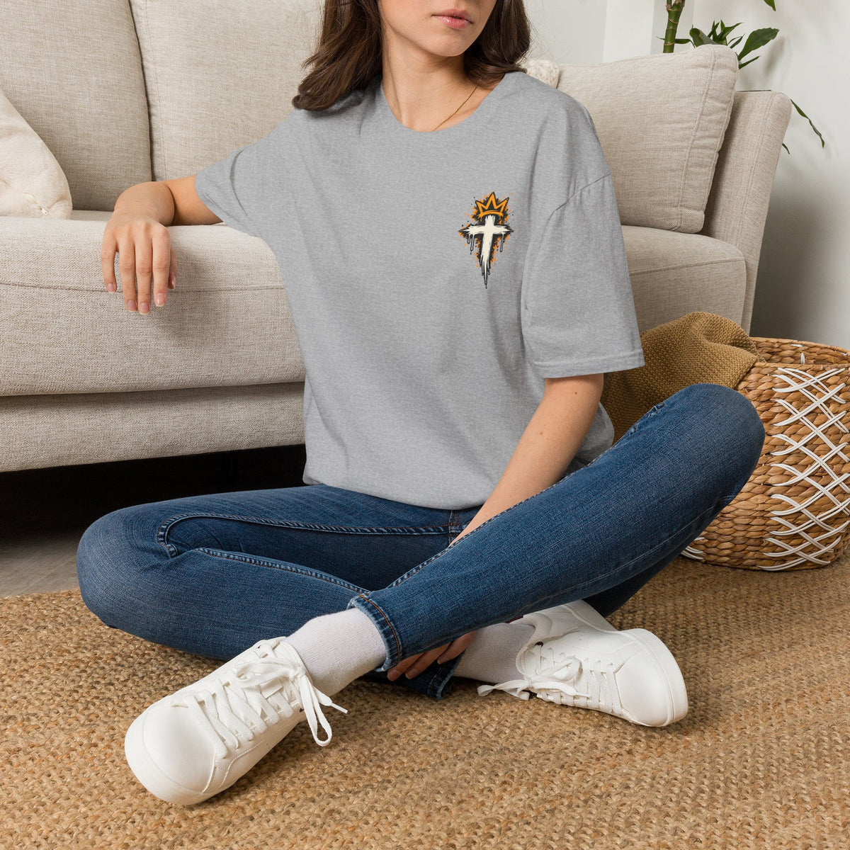 Christian T-Shirt — "Saved Not Perfect" Mountain Cross Design