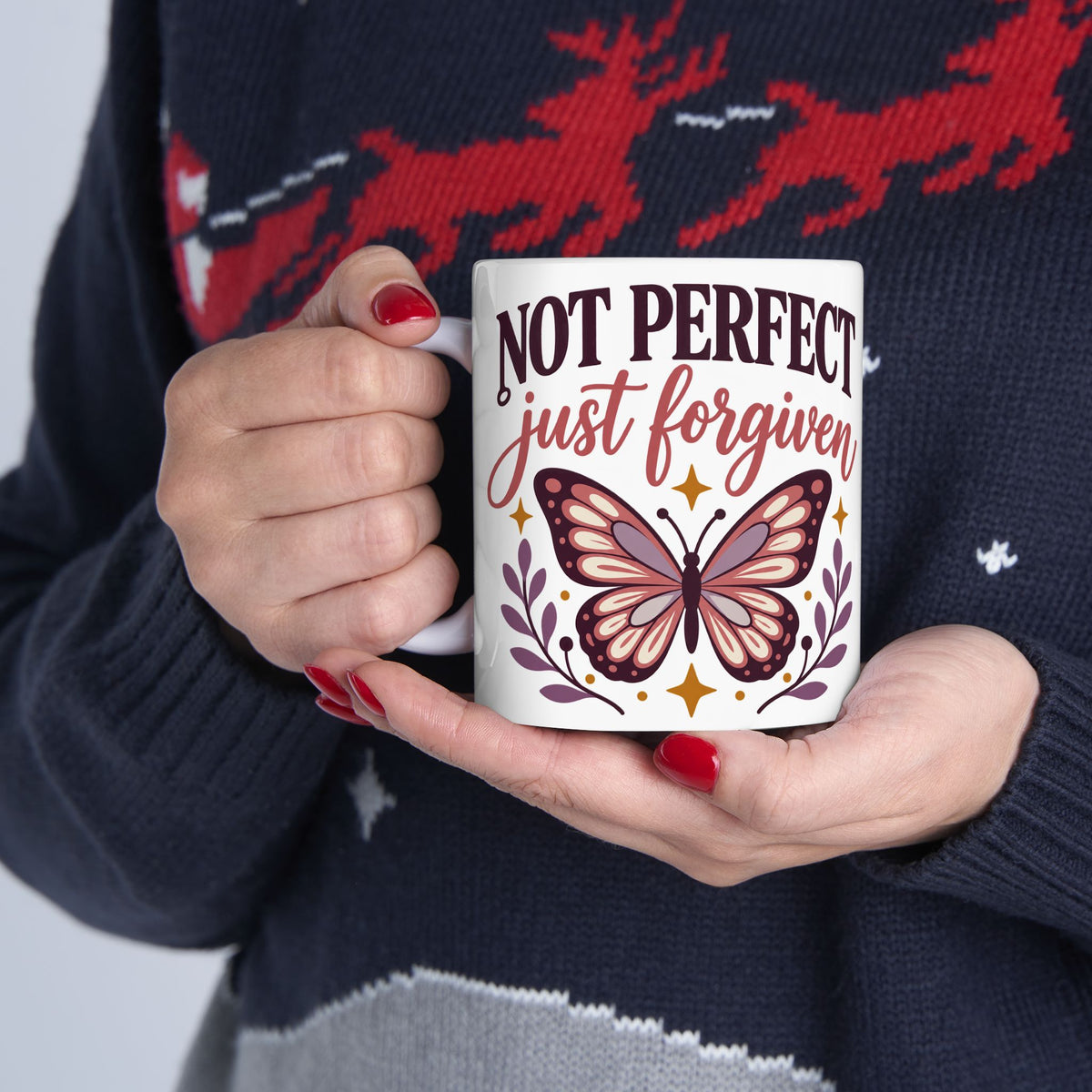 Forgiven Not Perfect Ceramic Mug — Inspirational Butterfly Coffee Cup (11oz, 15oz)