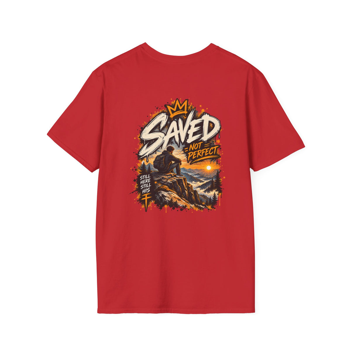 Christian T-Shirt — "Saved Not Perfect" Mountain Cross Design