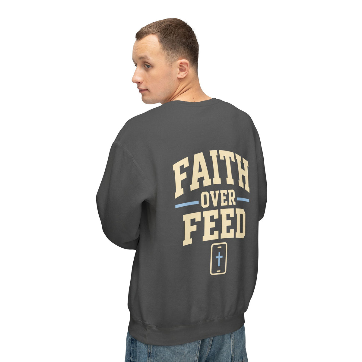Faith Over Feed Crewneck Sweatshirt — "Stay Connected" Christian Graphic Crew